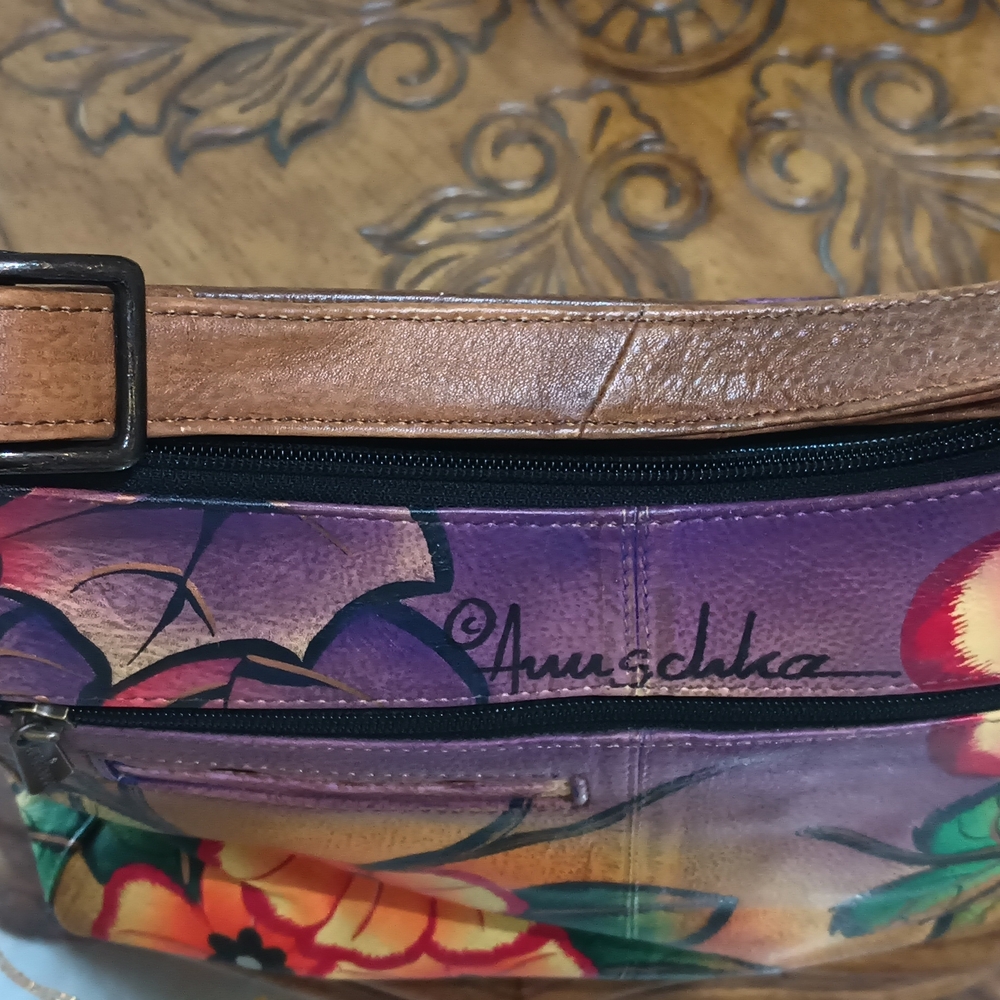 Anuschka Leather Bird And Tiger Cat In Floral Handbag - Picture 6 of 8